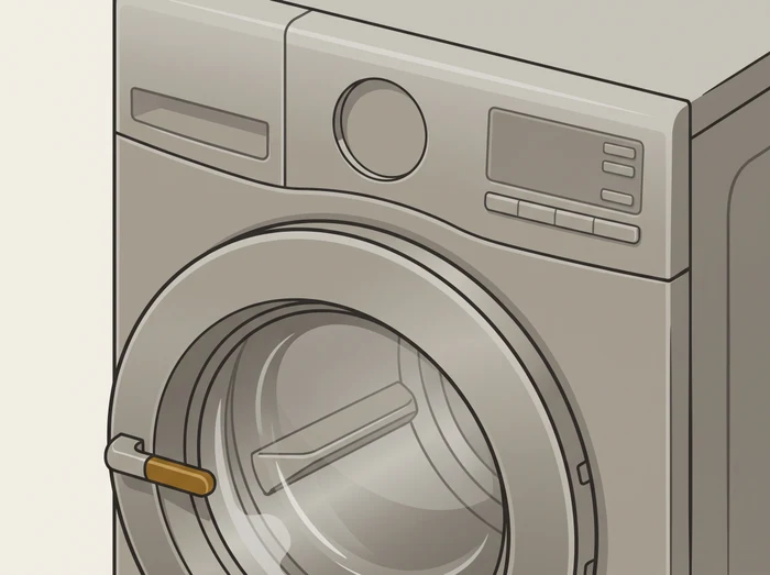 Illustration of a front-loading washer's round porthole door and control panel, with a small service dial mounted on the panel.